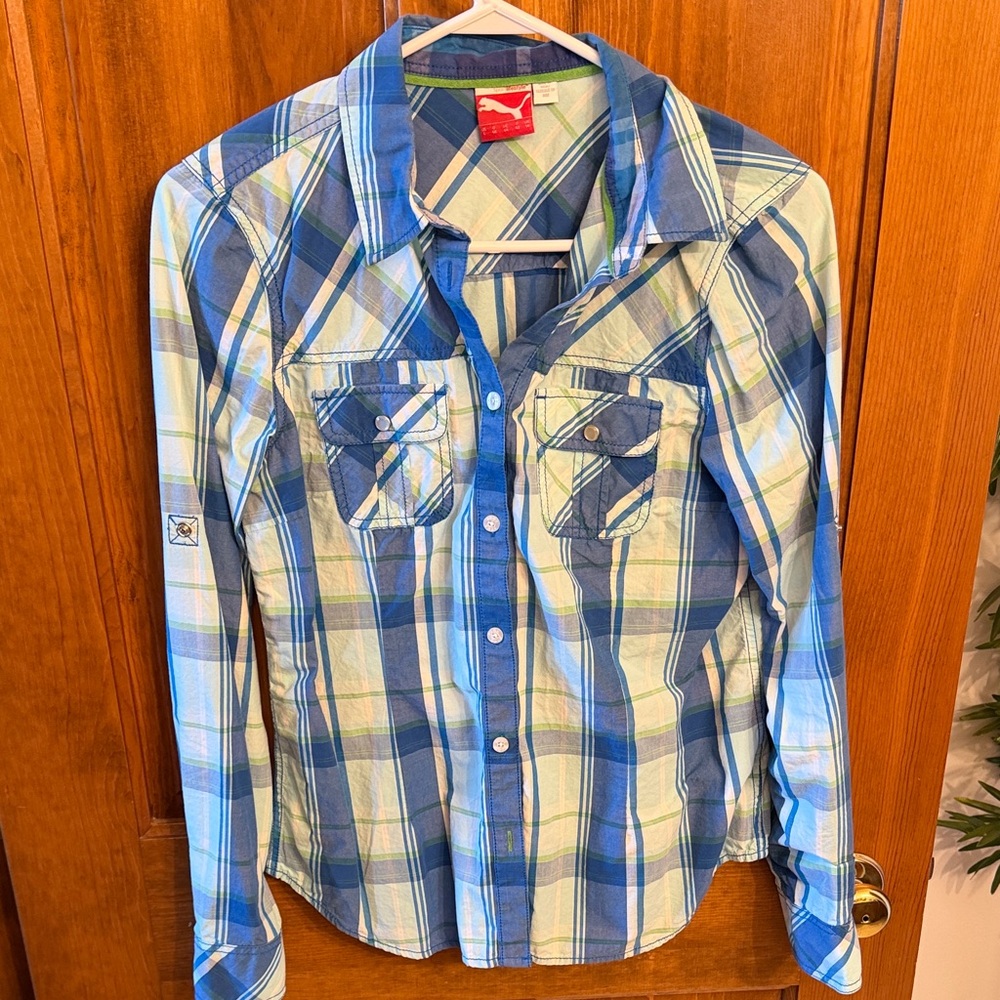 Puma Blue and Green Plaid Button Down Shirt
